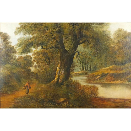 92 - Victorian oilegraph , figure on a wooded path beside a lake, gilt framed, 75cm x 50cm