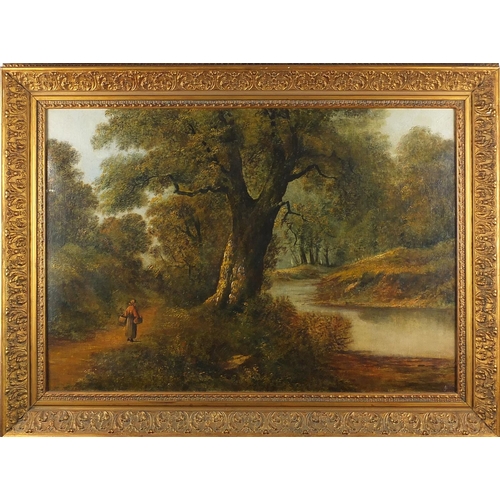 92 - Victorian oilegraph , figure on a wooded path beside a lake, gilt framed, 75cm x 50cm