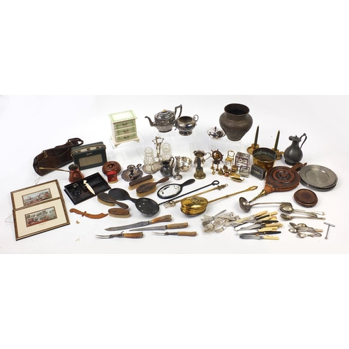 208 - Two boxes of metalware and wooden items including silver plated cutlery, pewter items, Jane Shilton ... 