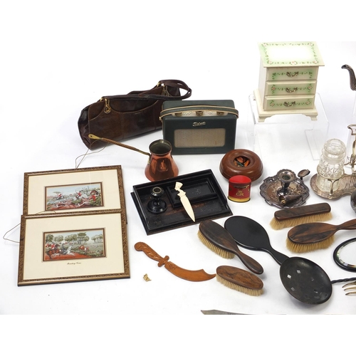 208 - Two boxes of metalware and wooden items including silver plated cutlery, pewter items, Jane Shilton ... 