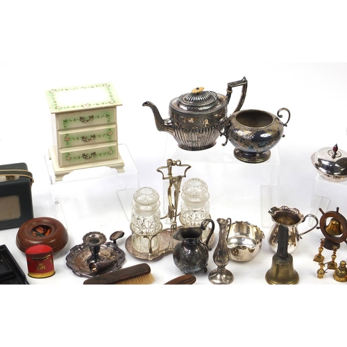 208 - Two boxes of metalware and wooden items including silver plated cutlery, pewter items, Jane Shilton ... 