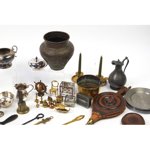 208 - Two boxes of metalware and wooden items including silver plated cutlery, pewter items, Jane Shilton ... 