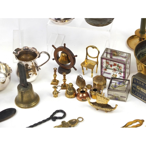 208 - Two boxes of metalware and wooden items including silver plated cutlery, pewter items, Jane Shilton ... 