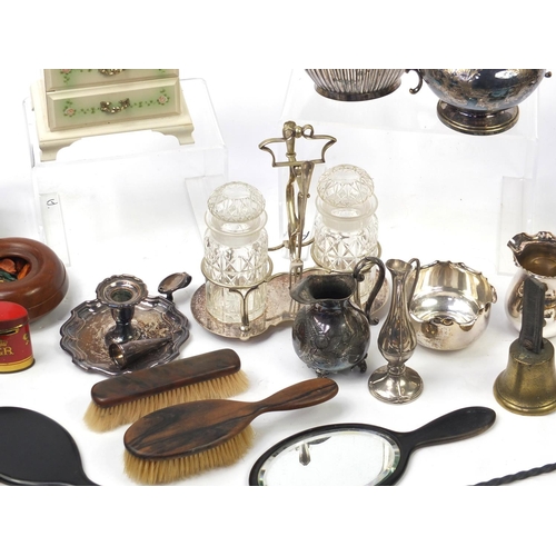 208 - Two boxes of metalware and wooden items including silver plated cutlery, pewter items, Jane Shilton ... 