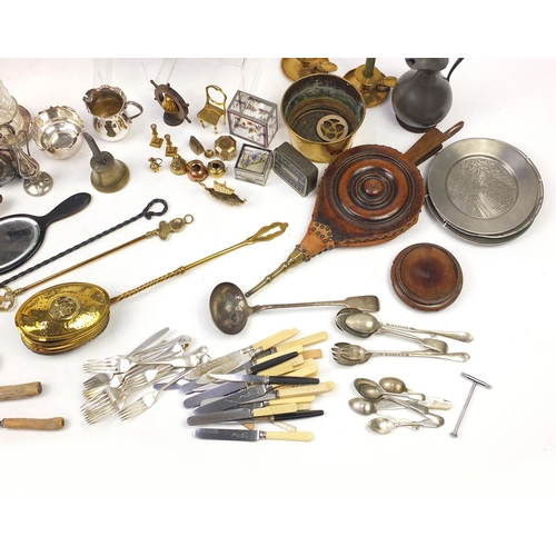 208 - Two boxes of metalware and wooden items including silver plated cutlery, pewter items, Jane Shilton ... 