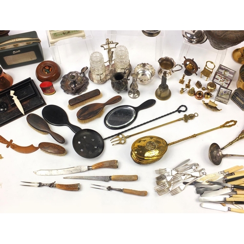 208 - Two boxes of metalware and wooden items including silver plated cutlery, pewter items, Jane Shilton ... 