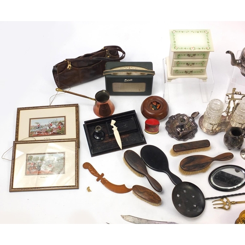 208 - Two boxes of metalware and wooden items including silver plated cutlery, pewter items, Jane Shilton ... 