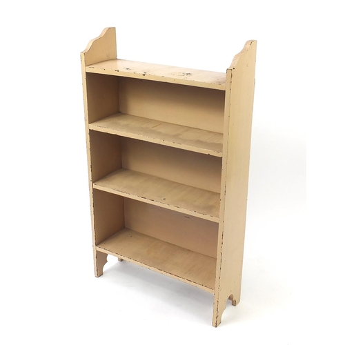 69 - Painted wood three shelf open book case, 107cm H x 63cm W x 20cm D