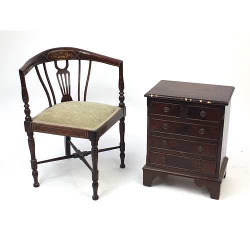 101 - Mahogany five drawer chest of small proportions with a selection of sewing items and an Edwardian in... 