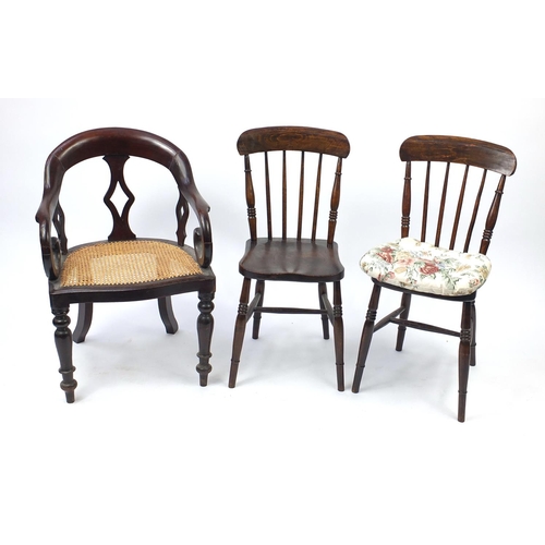 66 - Antique tub chair with cane seat and a pair of oak stick back occasional chairs