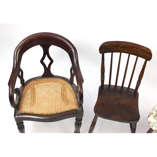 66 - Antique tub chair with cane seat and a pair of oak stick back occasional chairs