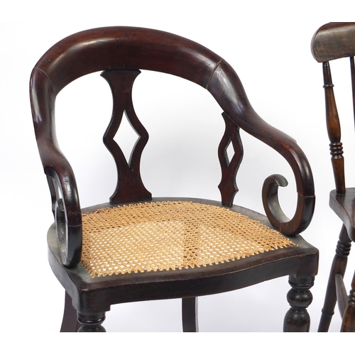 66 - Antique tub chair with cane seat and a pair of oak stick back occasional chairs