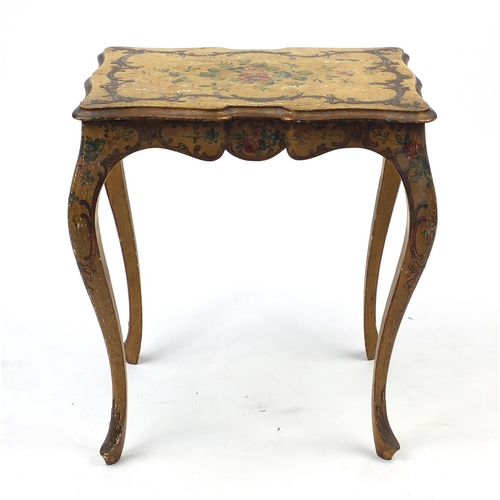 99 - French hand painted shabby chic occasional table raised on cabriole legs, 64cm H x 56cm W x 39cm D