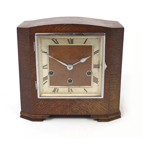 130 - Art Deco oak mantle clock with Westminster chime, 22cm high