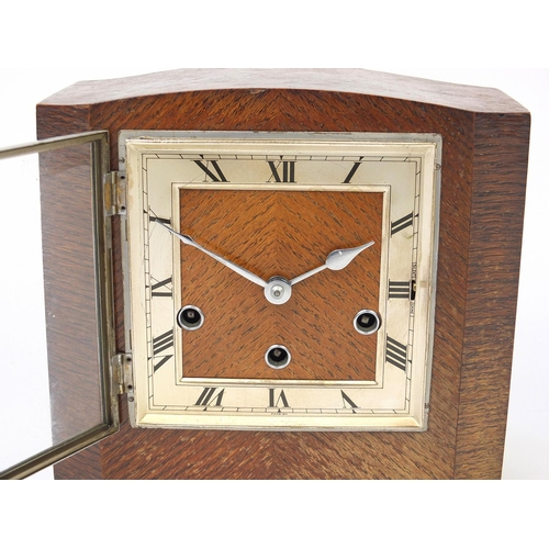 130 - Art Deco oak mantle clock with Westminster chime, 22cm high