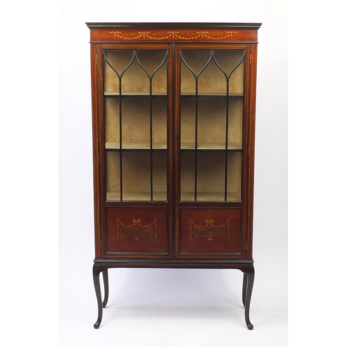 3 - Edwardian inlaid mahogany china cabinet raised on cabriole legs, 168cm H x 90cm W x 32cm D