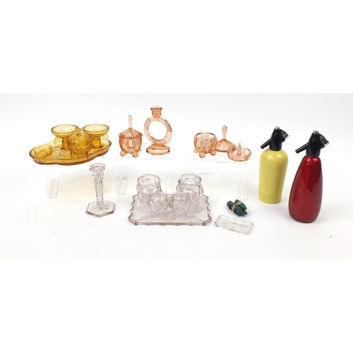 196 - Art Deco glass dressing table items and two vintage soda syphon's