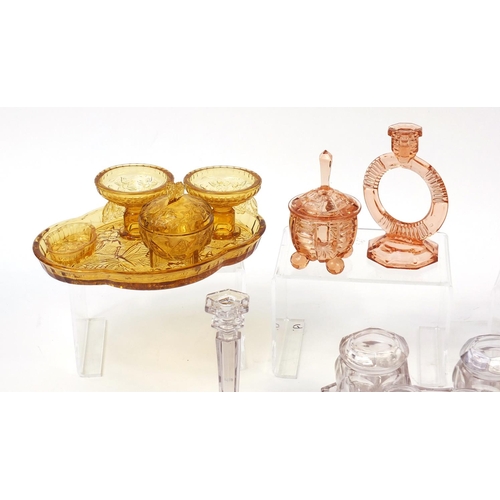 196 - Art Deco glass dressing table items and two vintage soda syphon's