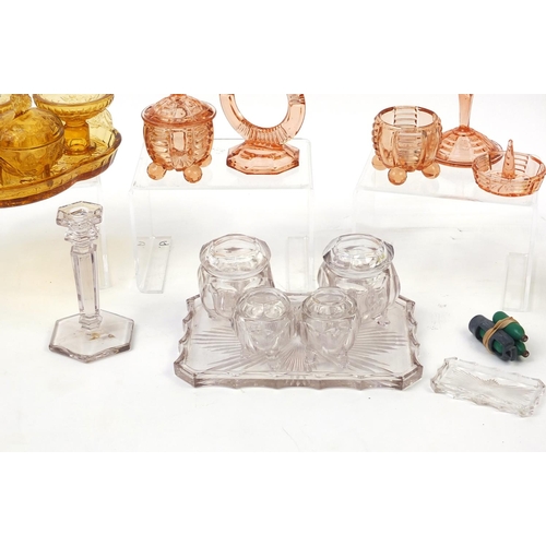 196 - Art Deco glass dressing table items and two vintage soda syphon's