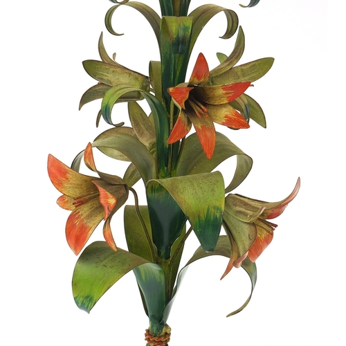 161 - Naturalistic floral painted metal table lamp, 55cm high