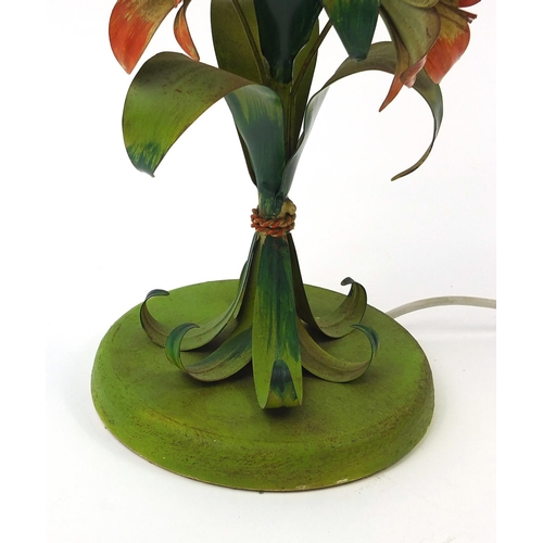 161 - Naturalistic floral painted metal table lamp, 55cm high