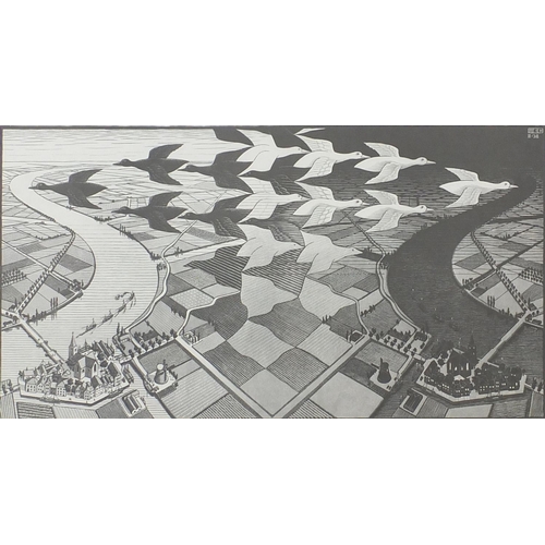 93 - M.C. Escher - Black and white print, day and night, mounted and framed 80cm x 46cm