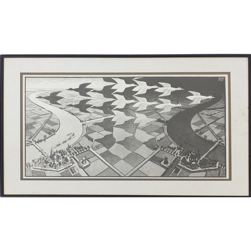 93 - M.C. Escher - Black and white print, day and night, mounted and framed 80cm x 46cm