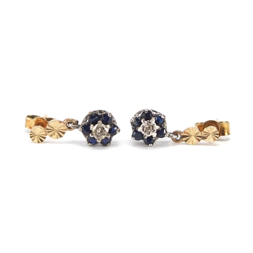 232 - Pair of 9ct gold sapphire and diamond earrings, 1.5cm in length, approximate weight 1.7g