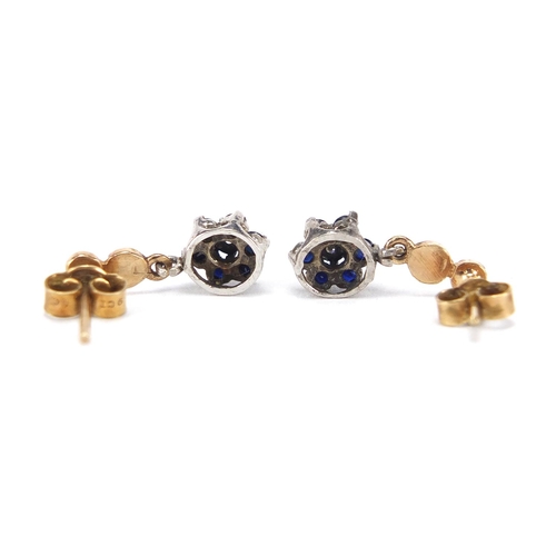 232 - Pair of 9ct gold sapphire and diamond earrings, 1.5cm in length, approximate weight 1.7g