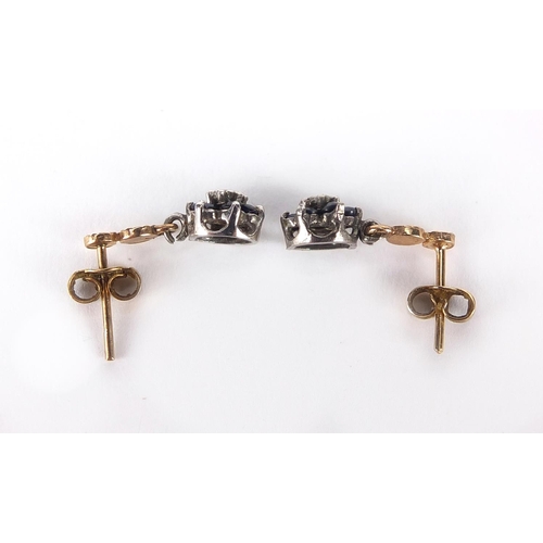 232 - Pair of 9ct gold sapphire and diamond earrings, 1.5cm in length, approximate weight 1.7g