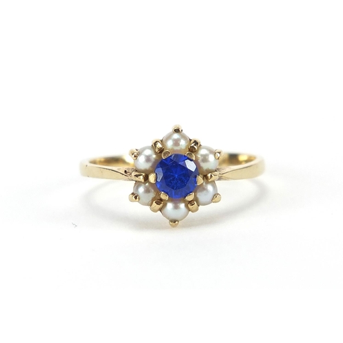 237 - 9ct gold pearl and blue stone ring, size P,  approximate weight 2.1g