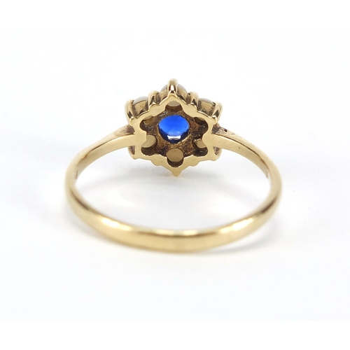 237 - 9ct gold pearl and blue stone ring, size P,  approximate weight 2.1g