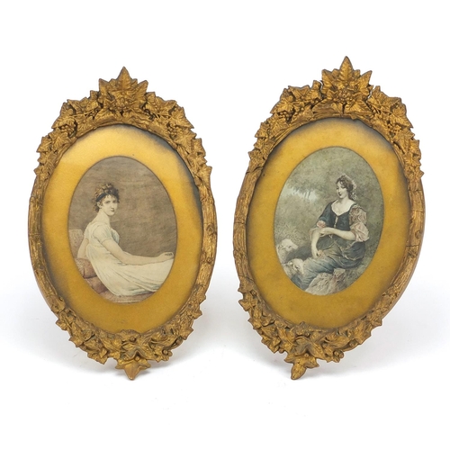 146 - Pair of coloured oval portrait prints housed in gilt grape vine frames, overall 27cm in length