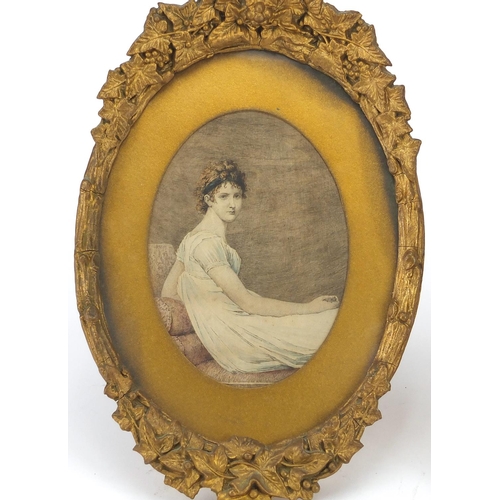 146 - Pair of coloured oval portrait prints housed in gilt grape vine frames, overall 27cm in length