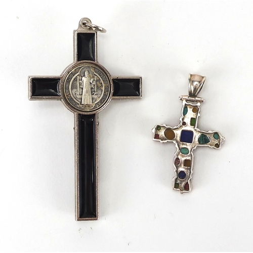 235 - Silver cross pendant set with semi precious stones and a white metal and black enamel crucifix penda... 