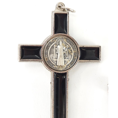 235 - Silver cross pendant set with semi precious stones and a white metal and black enamel crucifix penda... 