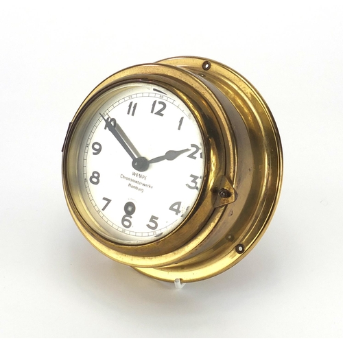 472 - Circular brass ships design clock, the dial marked WEMPE Chronometerwerke Hamburg, 15cm in diameter