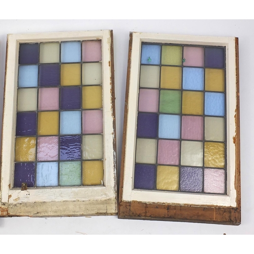 2073 - Four rectangular leaded stained glass panels, each 78cm x 48cm