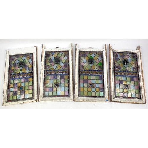 2072 - Four rectangular leaded stained glass panels, each 98cm x 53cm