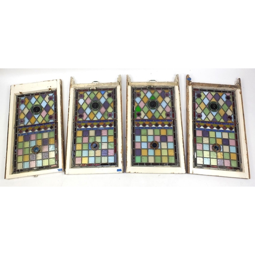 2072 - Four rectangular leaded stained glass panels, each 98cm x 53cm