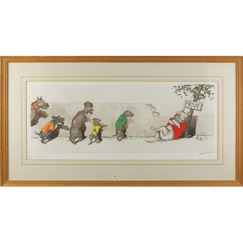 211 - Boris O'Klein - Comical dogs, pencil signed coloured etching, mounted and framed, 44cm x 18cm