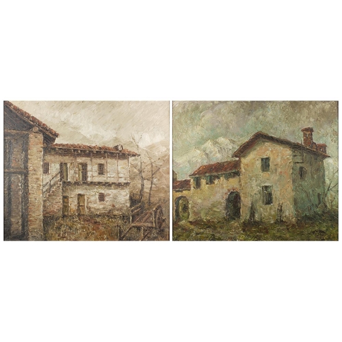 210 - Continental buildings, pair of oil onto canvases, both bearing a monogram NF, both framed, each 58cm... 