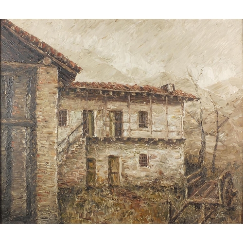 210 - Continental buildings, pair of oil onto canvases, both bearing a monogram NF, both framed, each 58cm... 