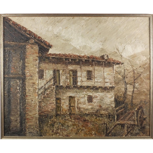 210 - Continental buildings, pair of oil onto canvases, both bearing a monogram NF, both framed, each 58cm... 