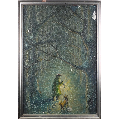 212 - Man with his dog walking through woodland, oil onto canvas, framed, 49cm x 33.5cm