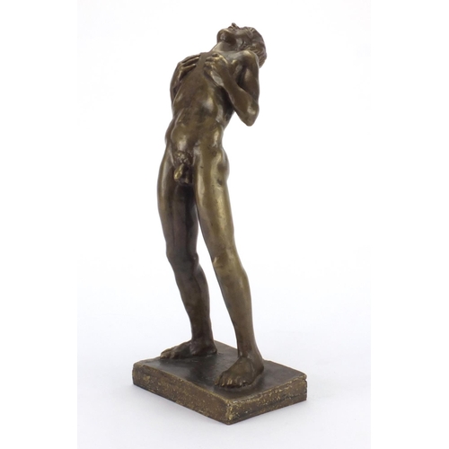 2102 - Bronze study of a standing nude male on rectangular base, 37cm high