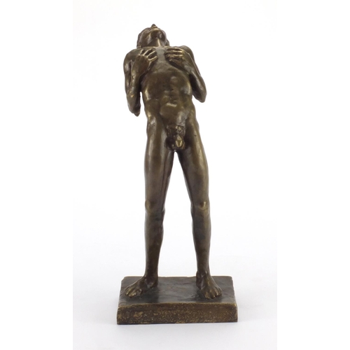 2102 - Bronze study of a standing nude male on rectangular base, 37cm high