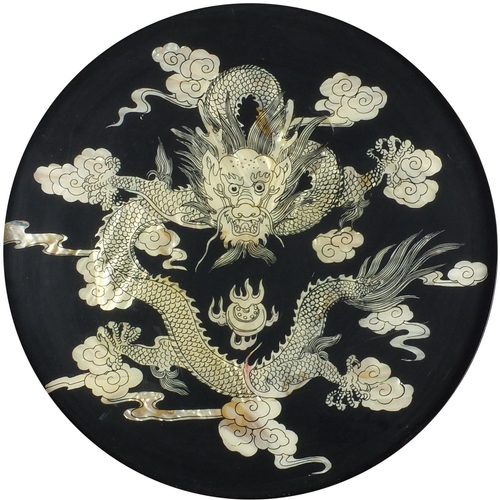 162 - Decorative Chinese wall plaque with Mother of Pearl dragon inlay, 58cm x 58cm