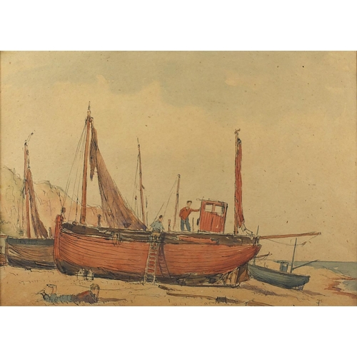 149 - Ink and watercolour on paper, figures on a moored fishing boat, mounted and framed, 38cm x 28cm