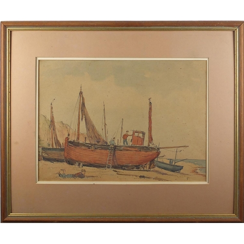 149 - Ink and watercolour on paper, figures on a moored fishing boat, mounted and framed, 38cm x 28cm